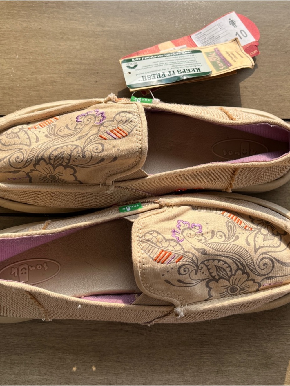 Sanuk Beige Floral Slip-On Loafers with Purple & Orange Accents